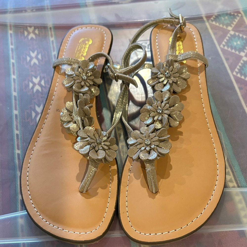 Carlos by Carlos Santana Metallic Floral T-Strap Sandals - Gold